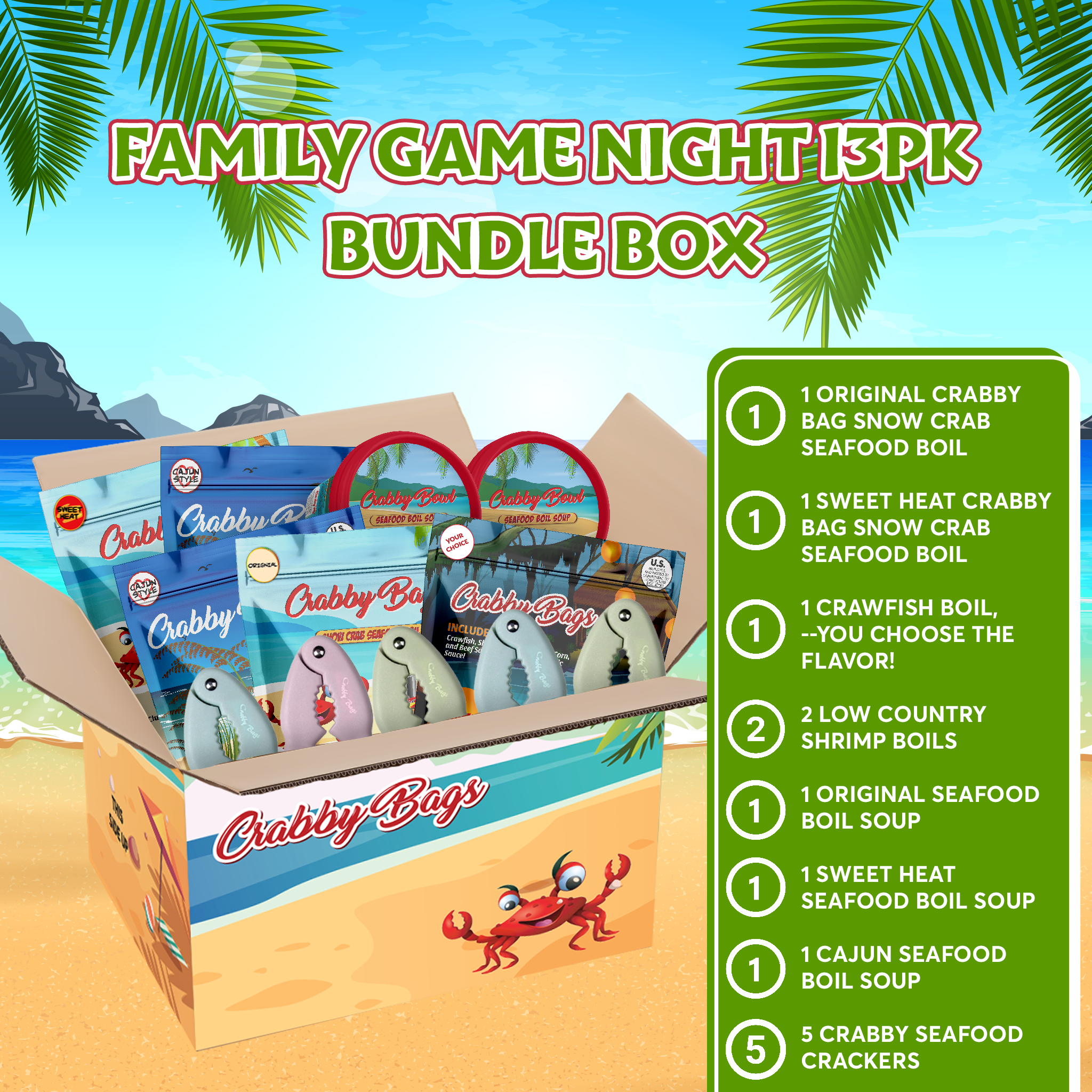Crabby Box bundle with crab boil products for Family Game Night.