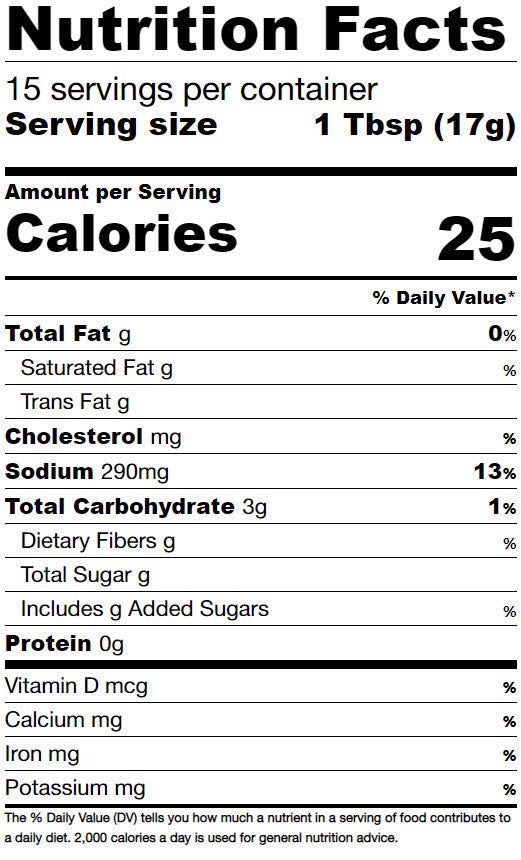 Nutrition facts for Crabby Bags Garlic Butter Sauce, showing calories, serving size, and daily values.