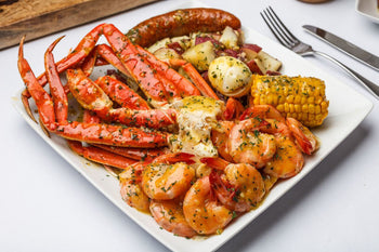 Frozen seafood boil before and after cooking with crab legs and shrimp
