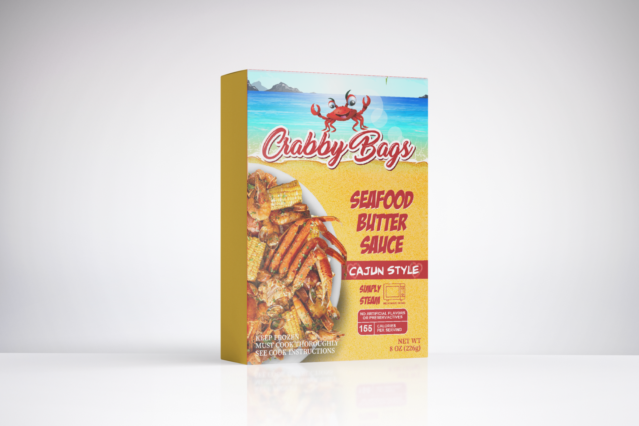 Packaging of Crabby Bags Seafood Butter Sauce Cajun Style with crab and corn imagery.