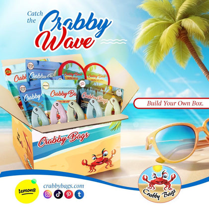 Build Your Own Crabby Box with 25% discount offer, featuring assorted Crabby Bags products.