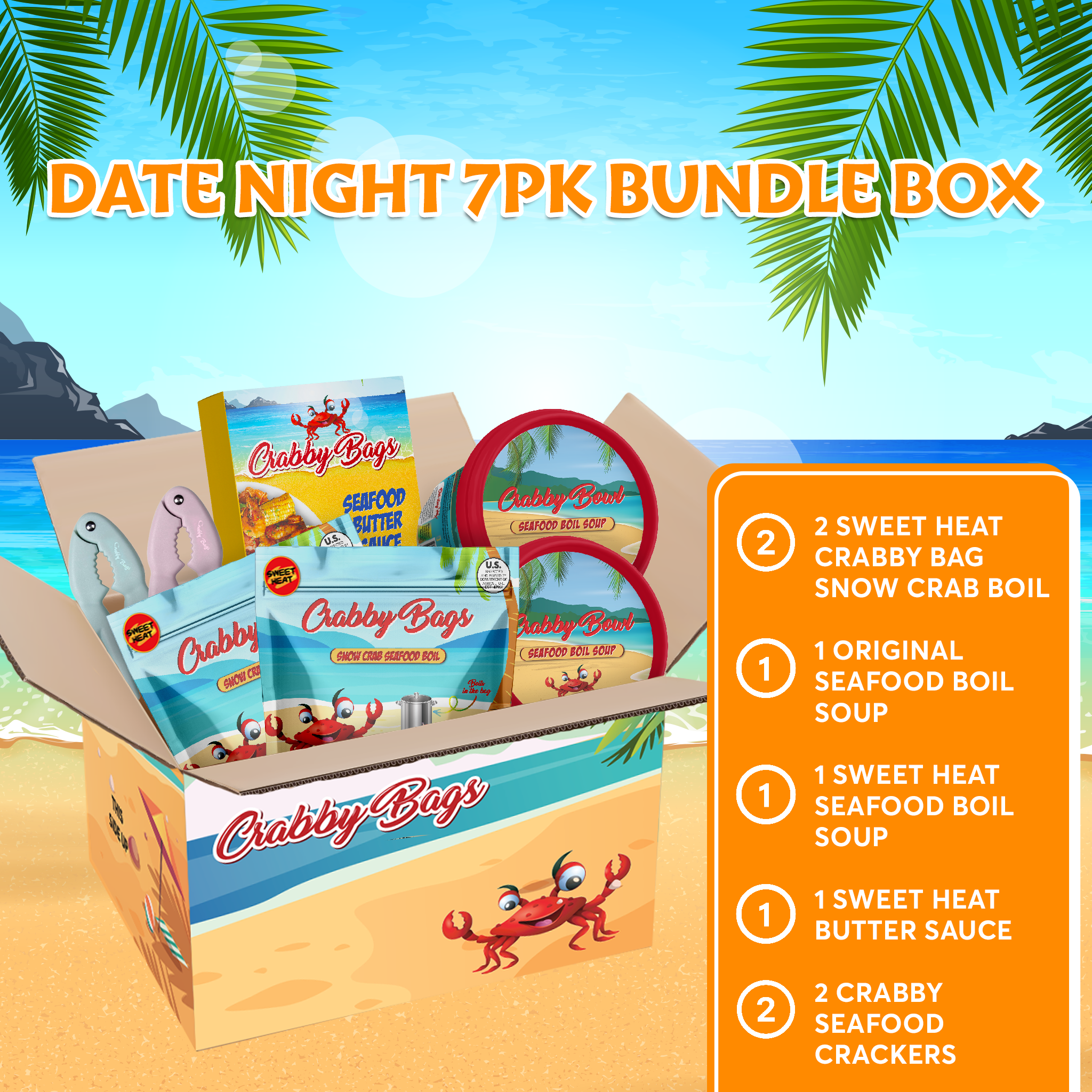 Date Night 7pk Bundle Box featuring seafood boils, Sweet Heat Butter Sauce, and Crabby Seafood Crackers on a tropical background.