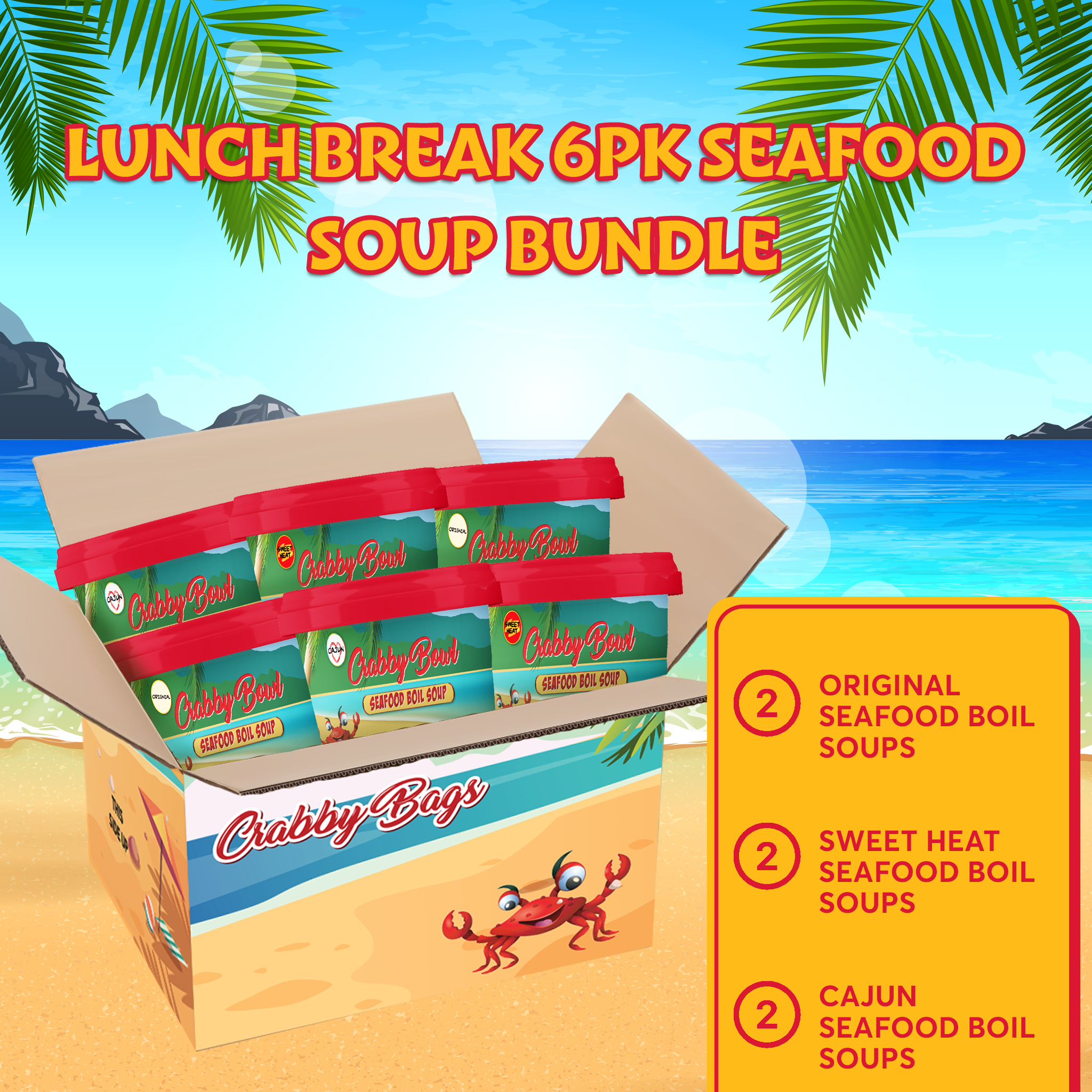 Lunch Break 6pk Seafood Soup Bundle with Original, Sweet Heat, and Cajun flavors by Crabby Bags, beach background.