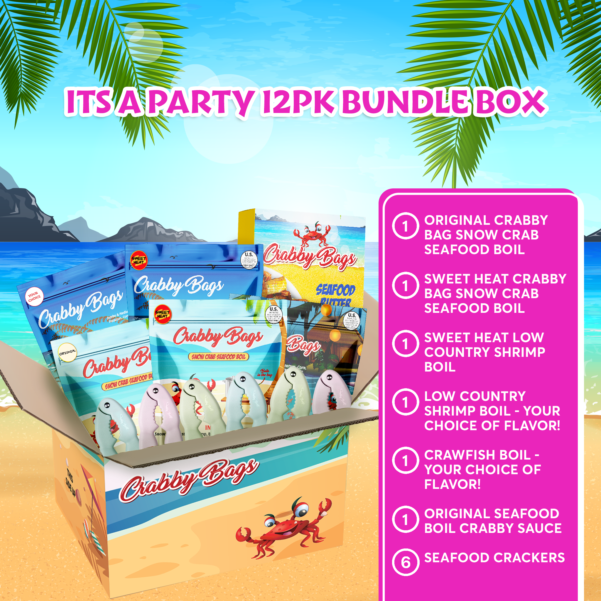 Party 12pk Bundle Box with snow crab and shrimp seafood boil in a bag, featuring various seafood and sauces.