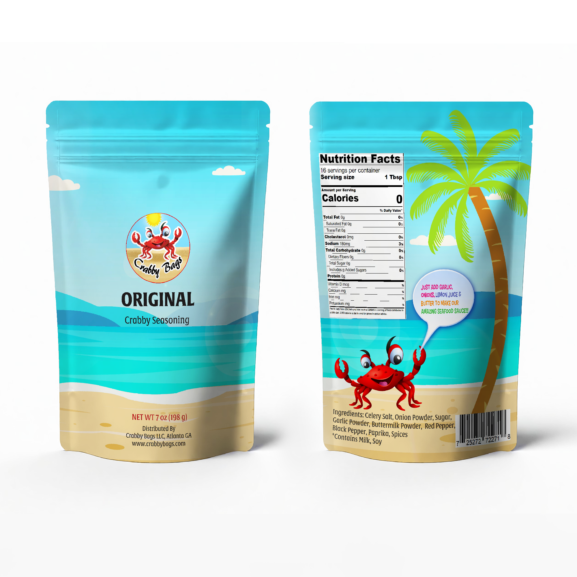7 oz Original Crabby Seasoning packaging with beach design.