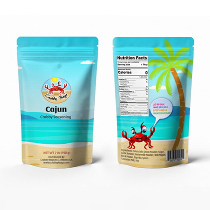 Cajun Crabby Seasoning 7 oz seafood boil blend packaging with crab mascot, nutrition facts, palm tree design.
