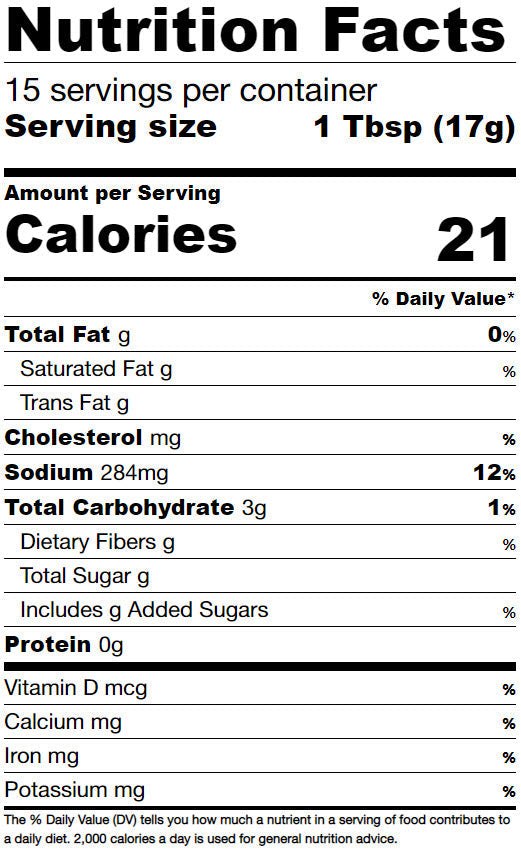 Nutrition facts for Crabby Bags Garlic Butter Sauce, 15 servings per container, 21 calories per serving, 0g fat, 284mg sodium, 3g carbohydrates.